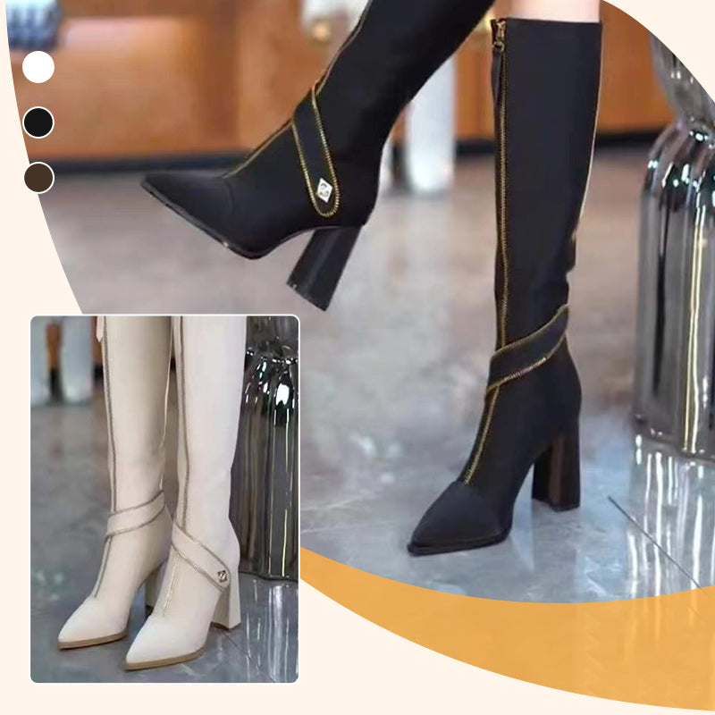 Spitze Stiefel mit klobigem Absatz bis zum Knie