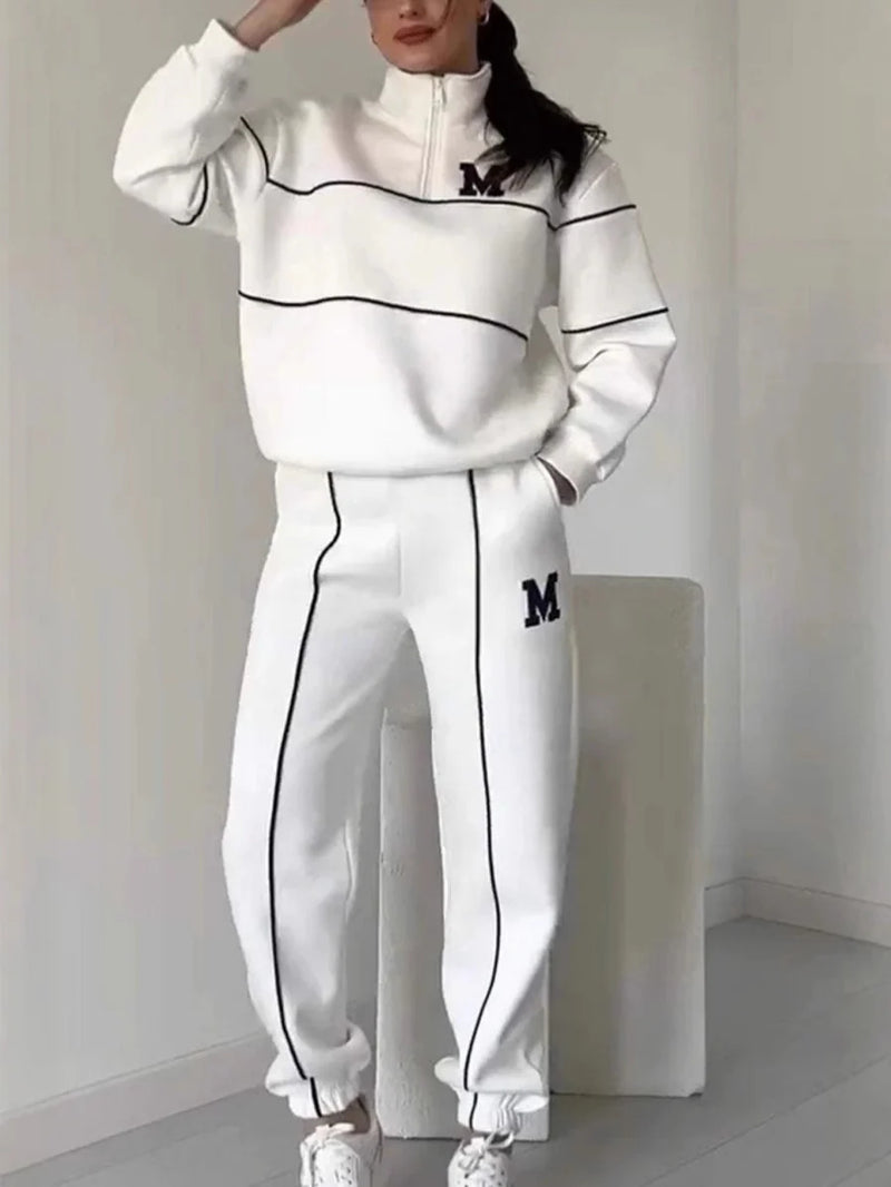 👟✨ Ensemble athleisure 2 pièces confortable – sweat-shirt à demi-zip et pantalon de jogging blancs | Liseré contrastant, confortable et stylé