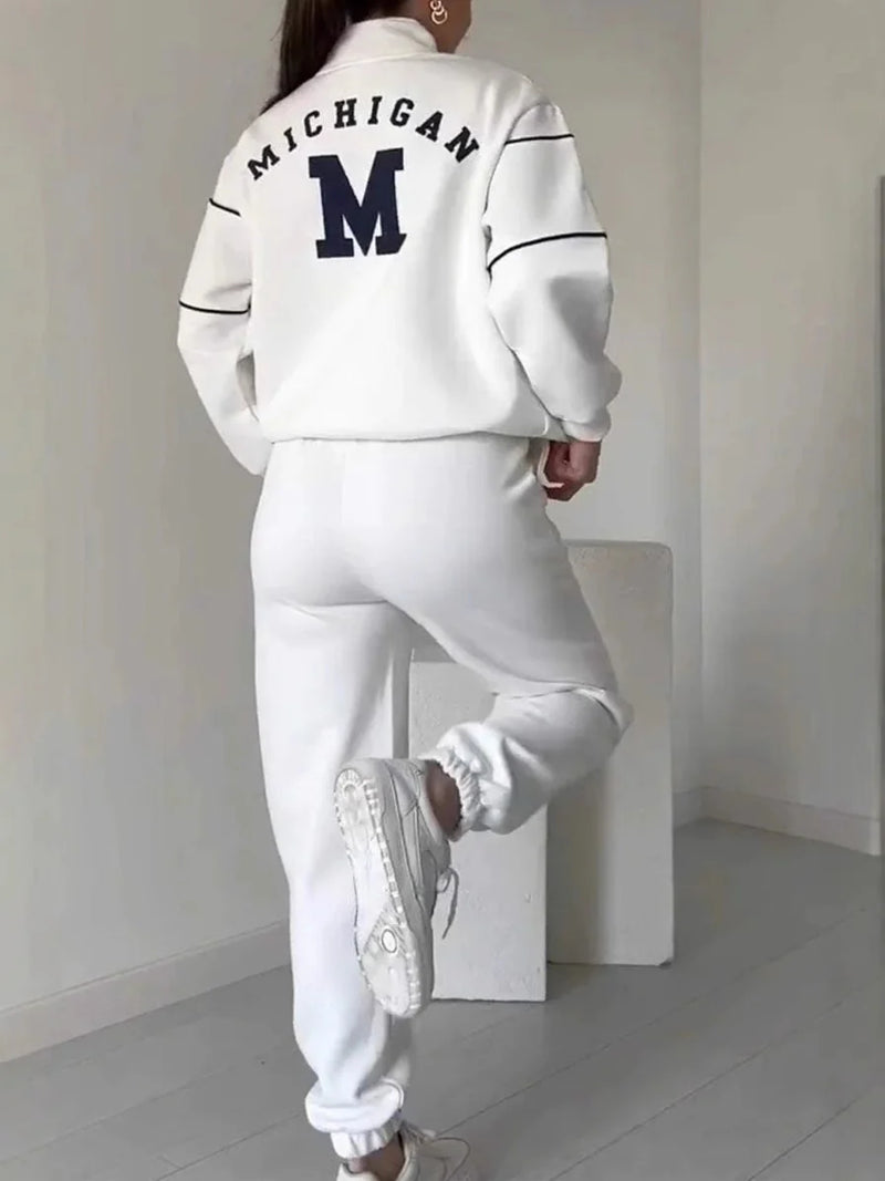 👟✨ Ensemble athleisure 2 pièces confortable – sweat-shirt à demi-zip et pantalon de jogging blancs | Liseré contrastant, confortable et stylé