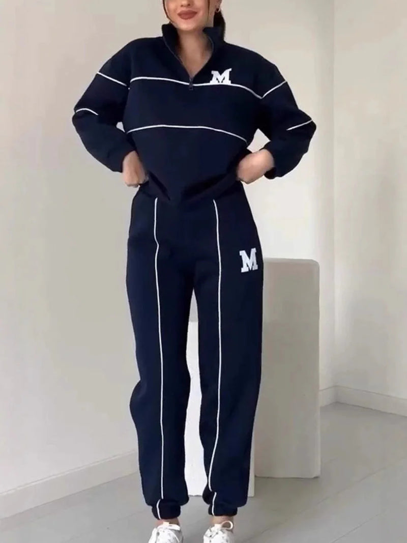 👟✨ Ensemble athleisure 2 pièces confortable – sweat-shirt à demi-zip et pantalon de jogging blancs | Liseré contrastant, confortable et stylé