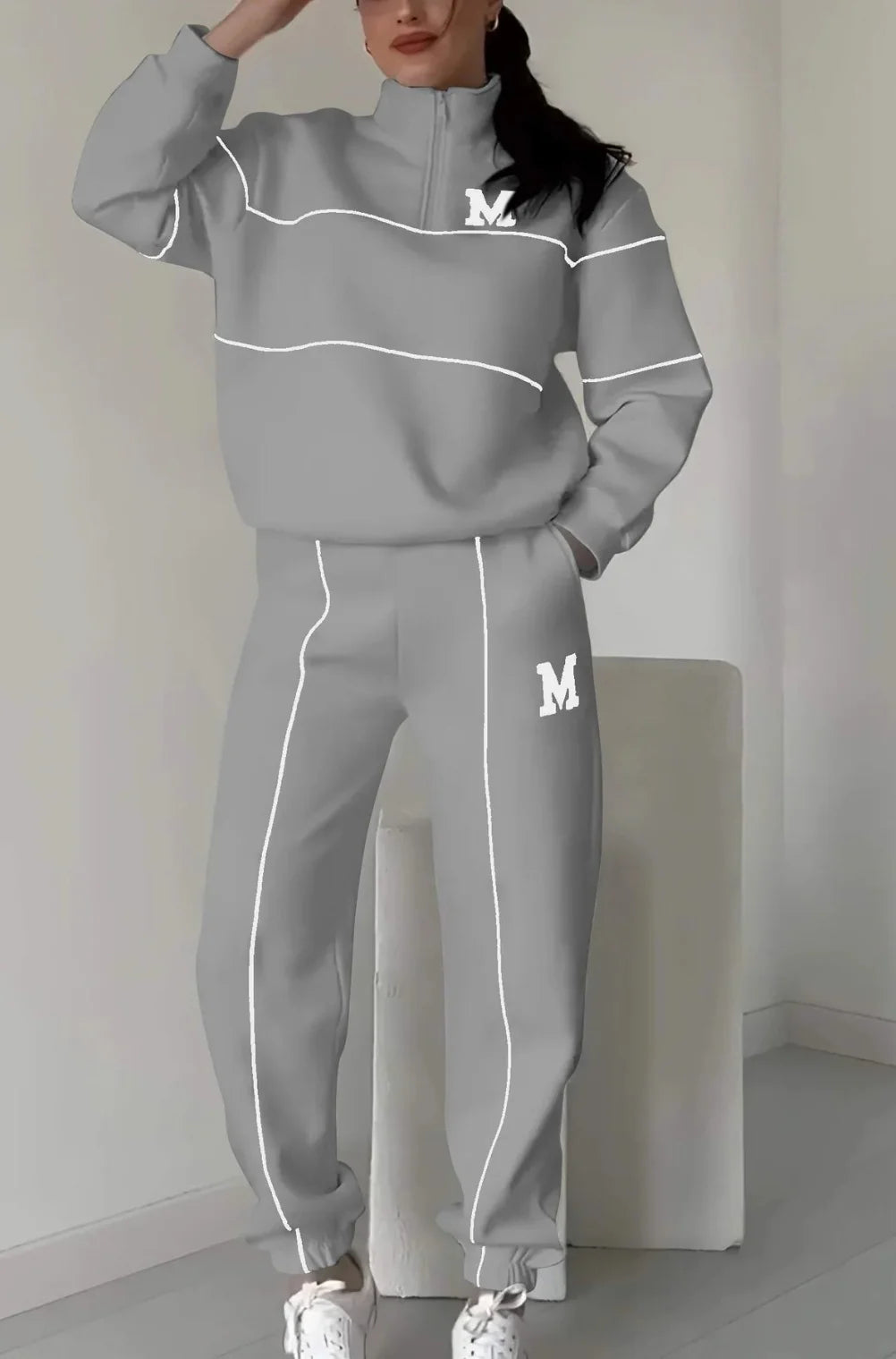 👟✨ Kuschelwohl 2-Teiler Athleisure-Set – Half-Zip Sweatshirt & Jogger in Weiß | Kontrast-Paspeln, cozy & stylisch