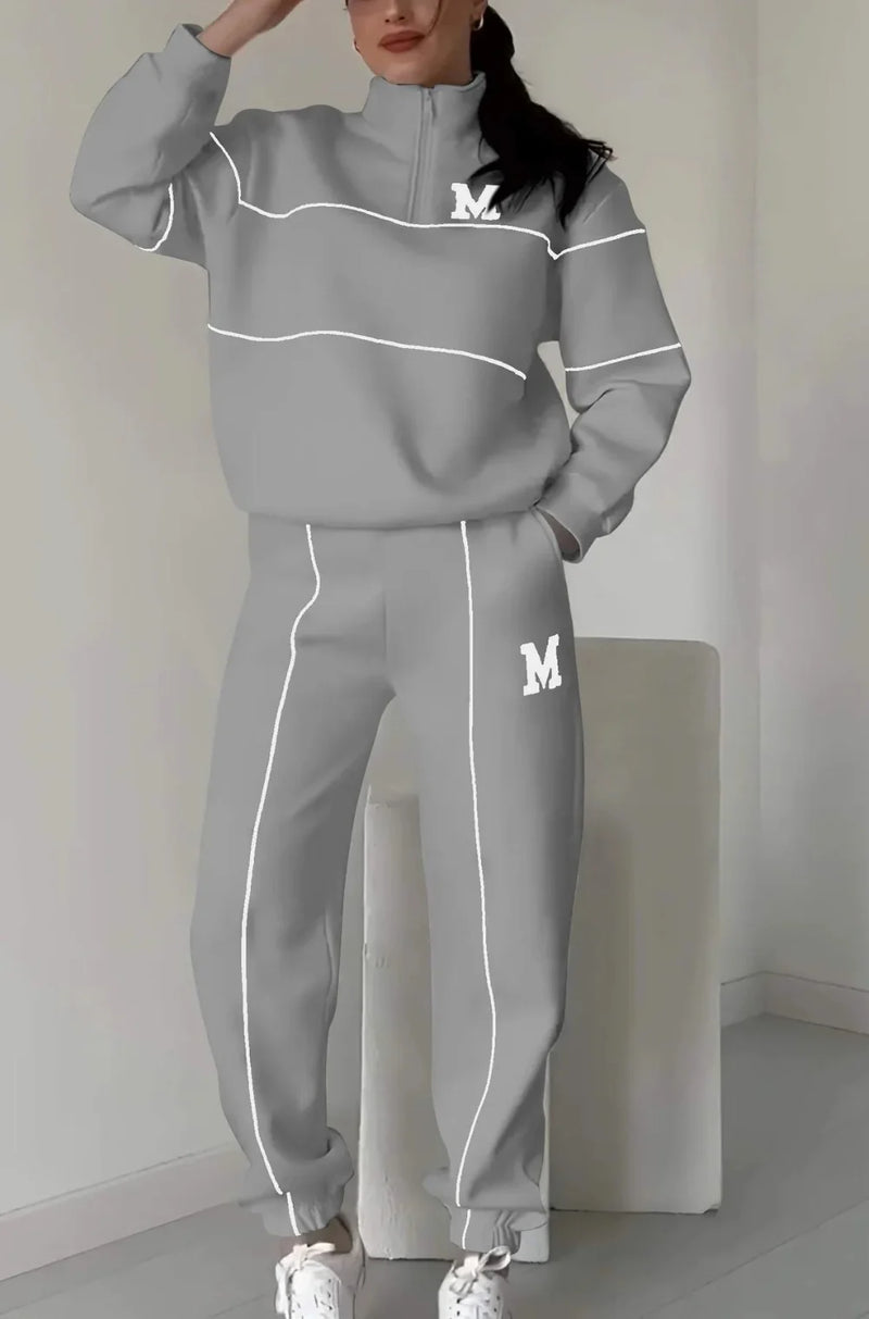 👟✨ Ensemble athleisure 2 pièces confortable – sweat-shirt à demi-zip et pantalon de jogging blancs | Liseré contrastant, confortable et stylé