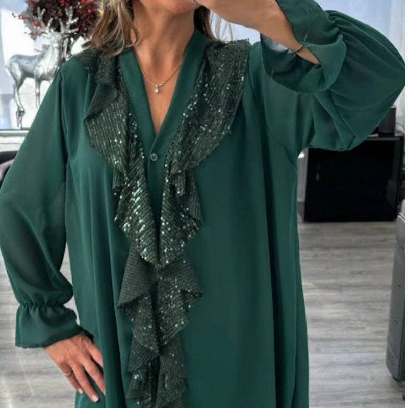 🎅 Festliche Vorratssale💥💃Langärmliges Chiffon-Shirt mit V-Ausschnitt und Pailletten für Damen🎁