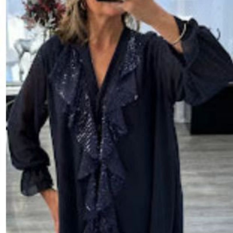 🎅 Festliche Vorratssale💥💃Langärmliges Chiffon-Shirt mit V-Ausschnitt und Pailletten für Damen🎁