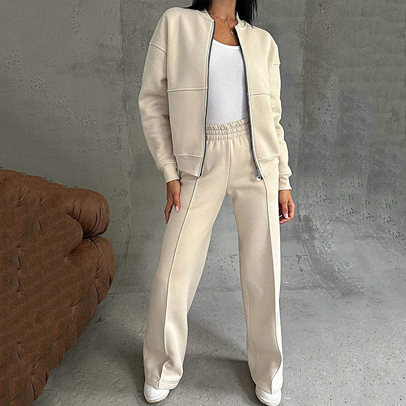 Ensemble deux pièces pour femme, coupe décontractée – Veste zippée et pantalon à jambes larges – 49 % de réduction ! 