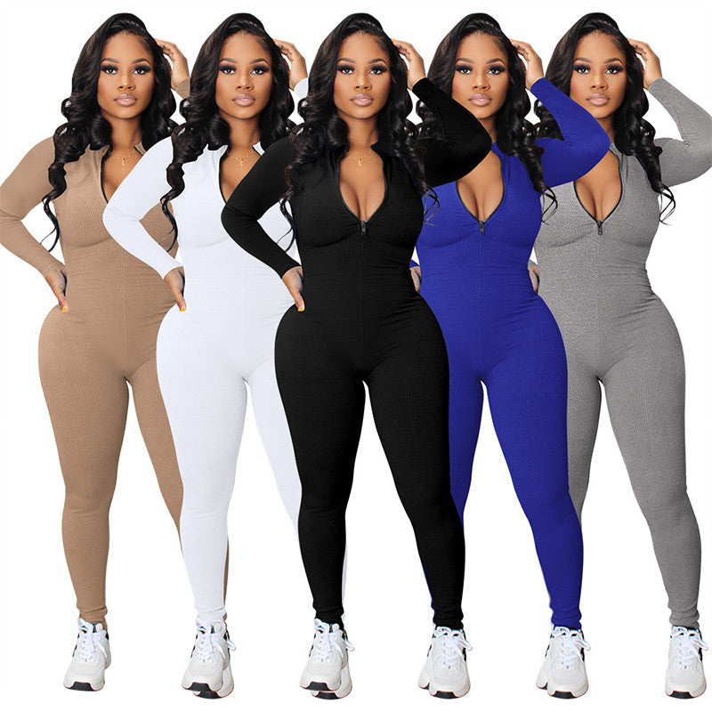 Nahtloser Jumpsuit in Unifarbe mit halbem Reißverschluss