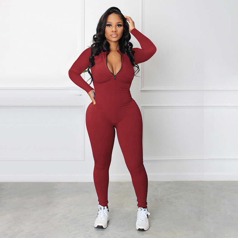Nahtloser Jumpsuit in Unifarbe mit halbem Reißverschluss