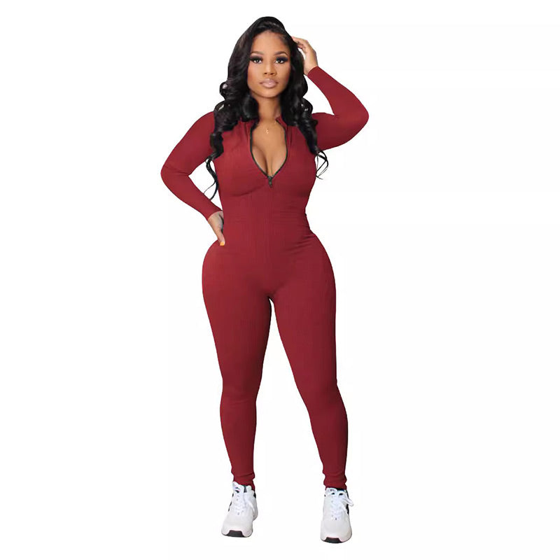 Nahtloser Jumpsuit in Unifarbe mit halbem Reißverschluss