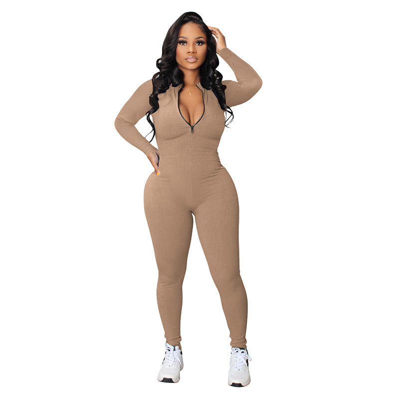 Nahtloser Jumpsuit in Unifarbe mit halbem Reißverschluss