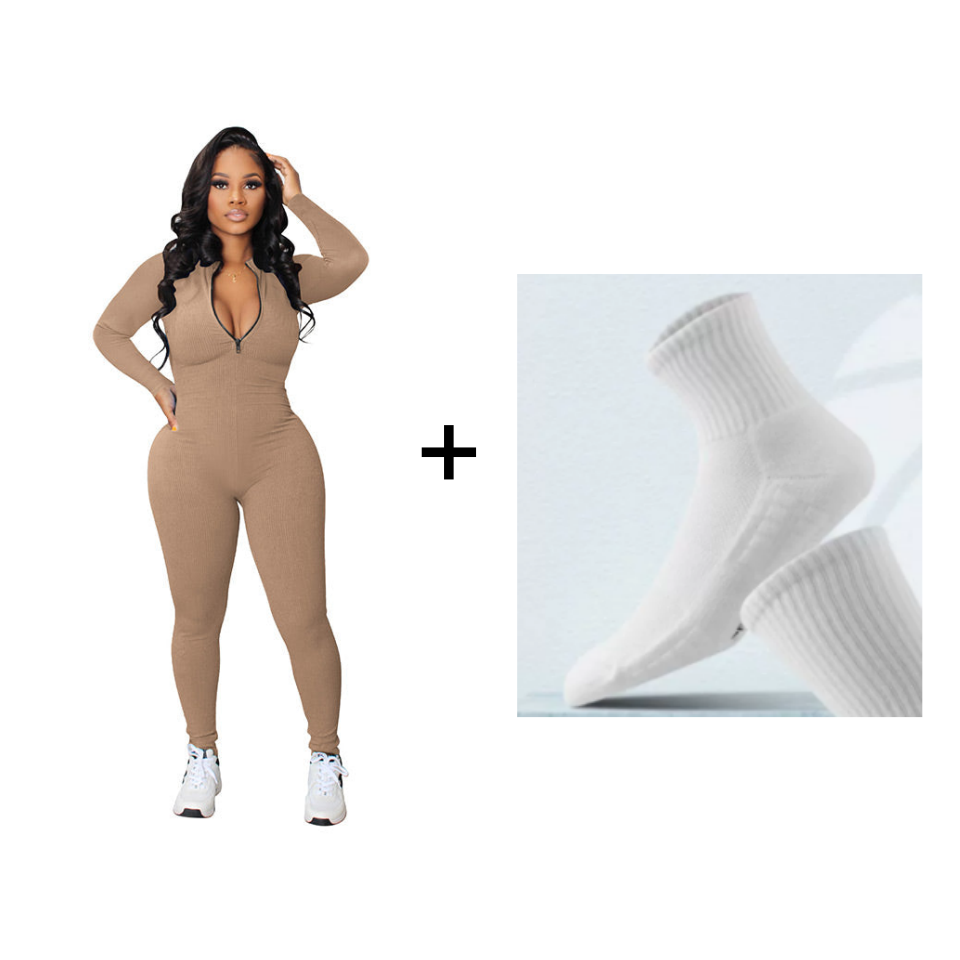 Nahtloser Jumpsuit in Unifarbe mit halbem Reißverschluss