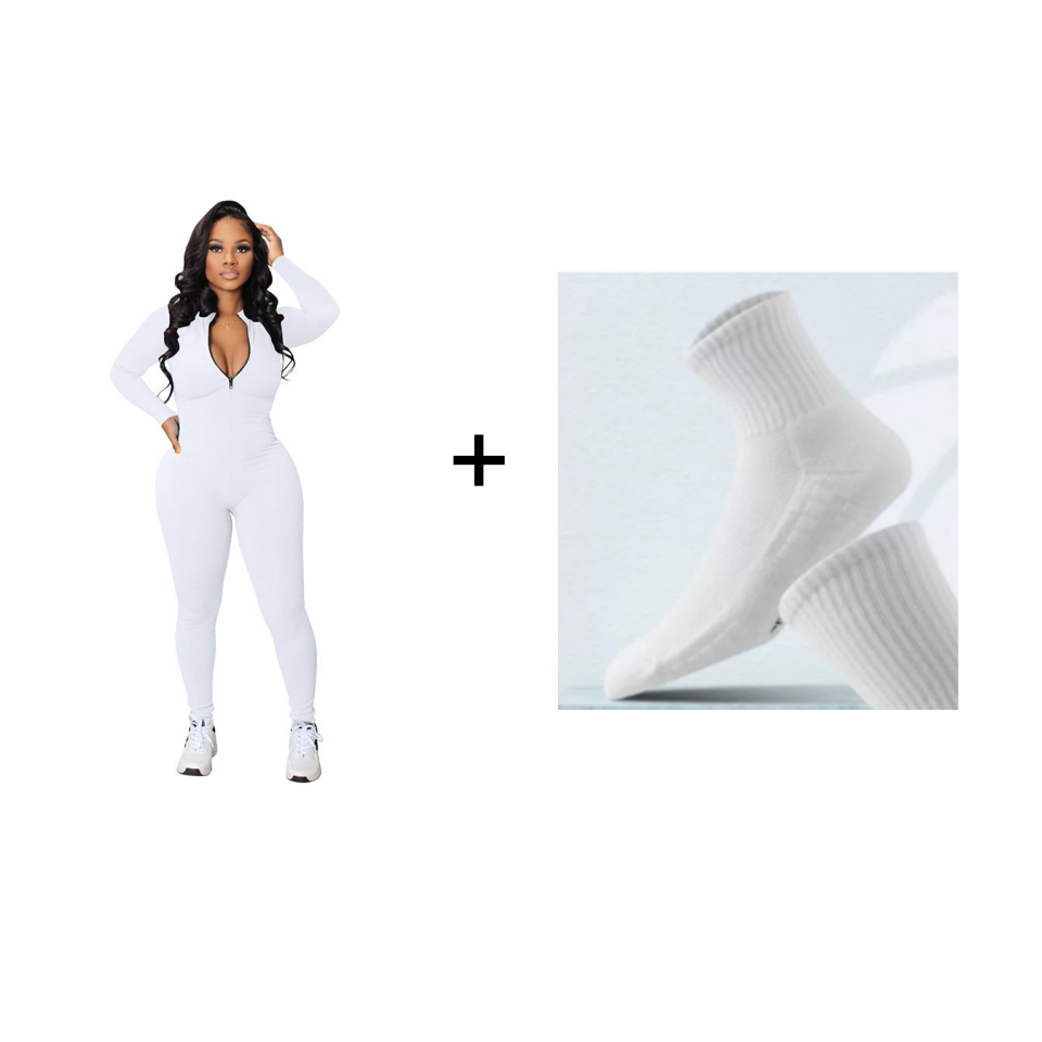 Nahtloser Jumpsuit in Unifarbe mit halbem Reißverschluss