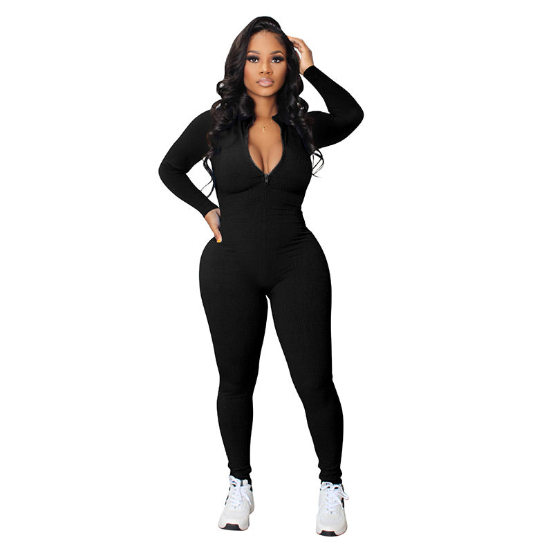 Nahtloser Jumpsuit in Unifarbe mit halbem Reißverschluss