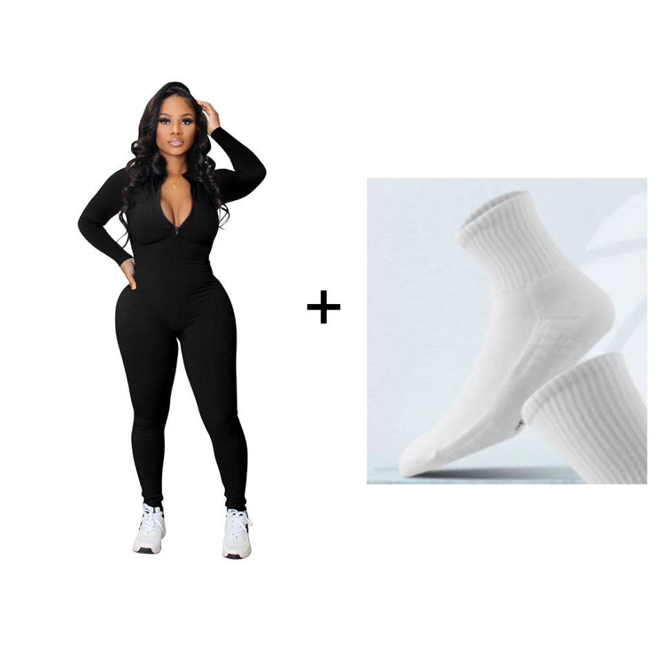 Nahtloser Jumpsuit in Unifarbe mit halbem Reißverschluss