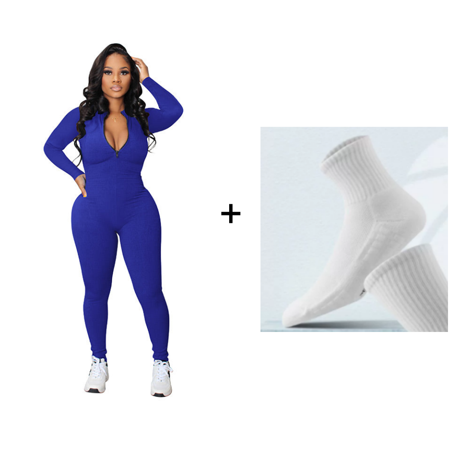 Nahtloser Jumpsuit in Unifarbe mit halbem Reißverschluss