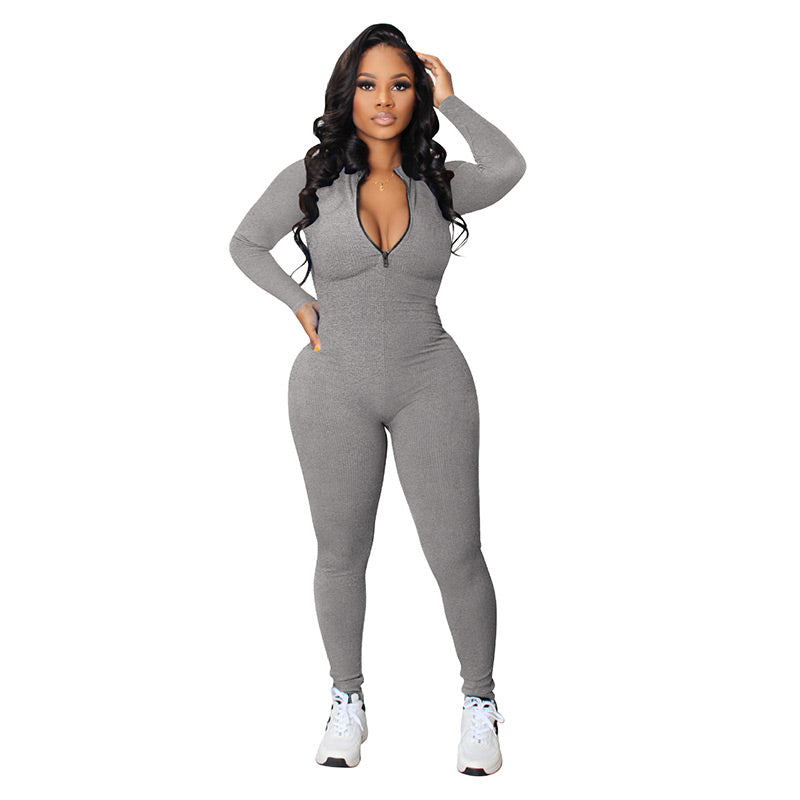 Nahtloser Jumpsuit in Unifarbe mit halbem Reißverschluss