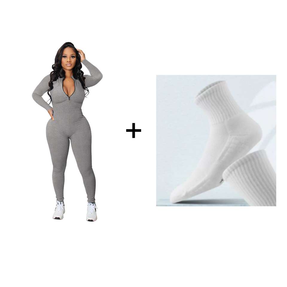 Nahtloser Jumpsuit in Unifarbe mit halbem Reißverschluss