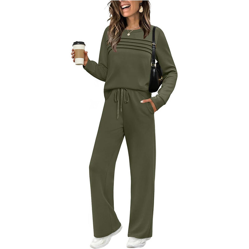 ✨ Ensemble femme : Haut à col rond et pantalon à cordon