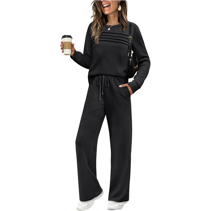 ✨ Ensemble femme : Haut à col rond et pantalon à cordon