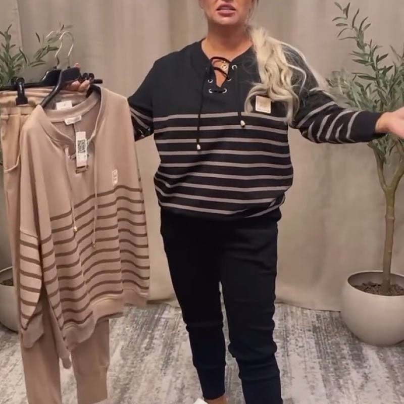 ✨ Lässiges Set aus gestreiftem Oberteil und knöchellanger Hose – Hose mit hoher Taille zum Abnehmen, vielseitig für den Alltag/Besorgungen/Lounge