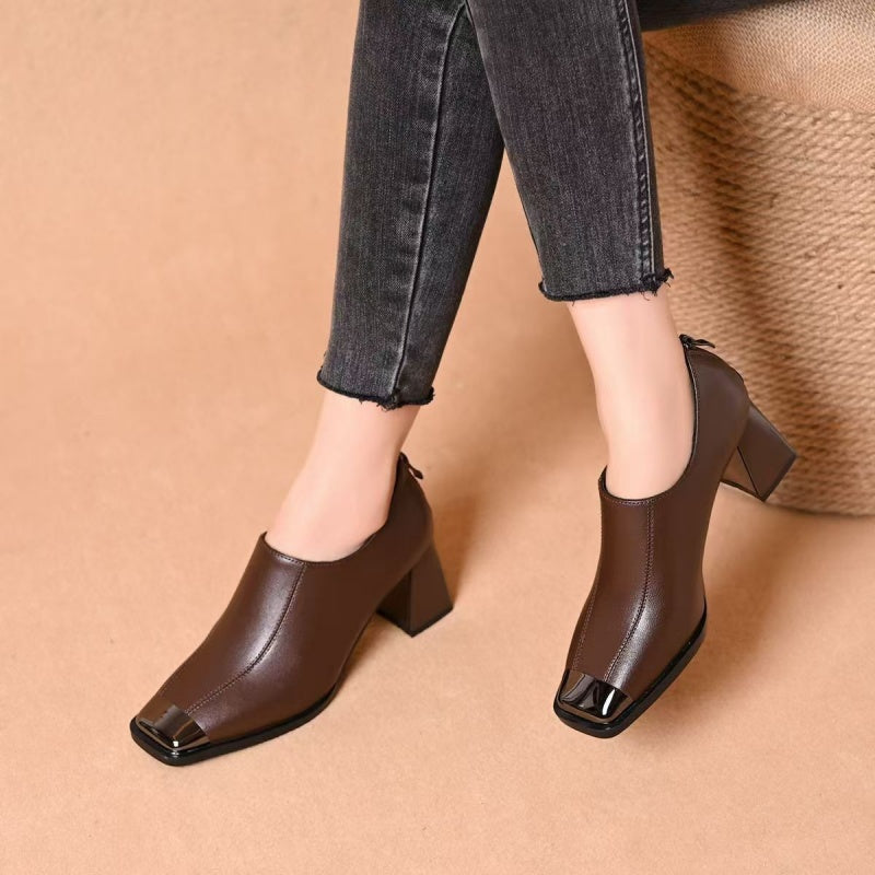 Chaussures pour femmes à bout carré, talon bloc et fermeture éclair