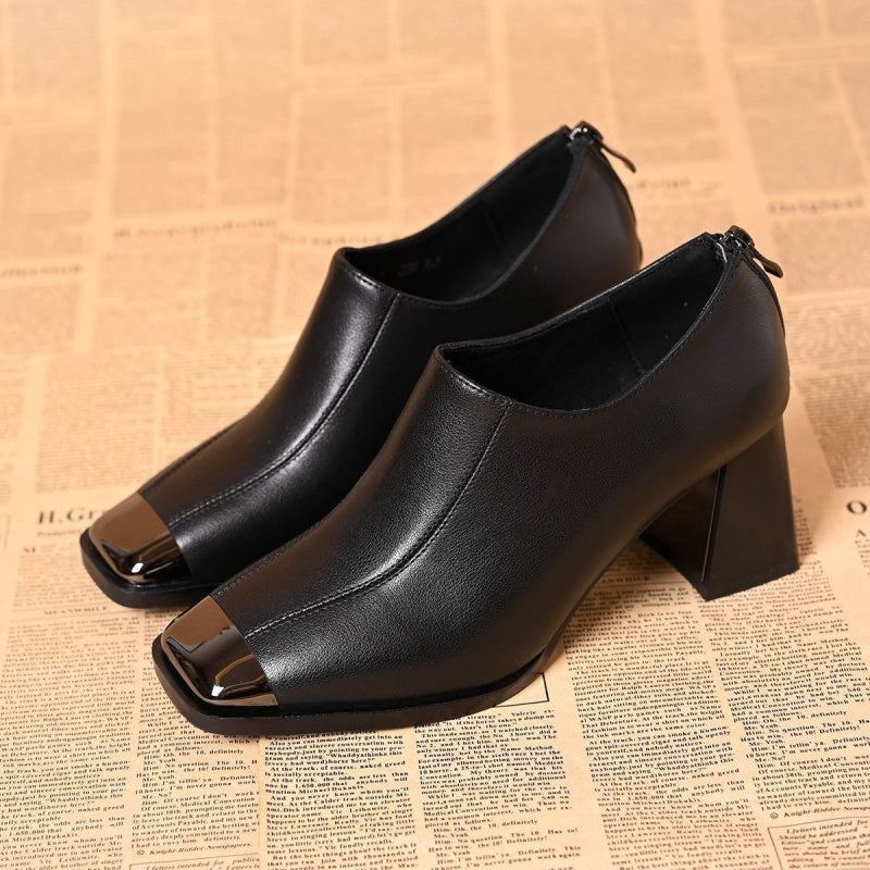 Chaussures pour femmes à bout carré, talon bloc et fermeture éclair
