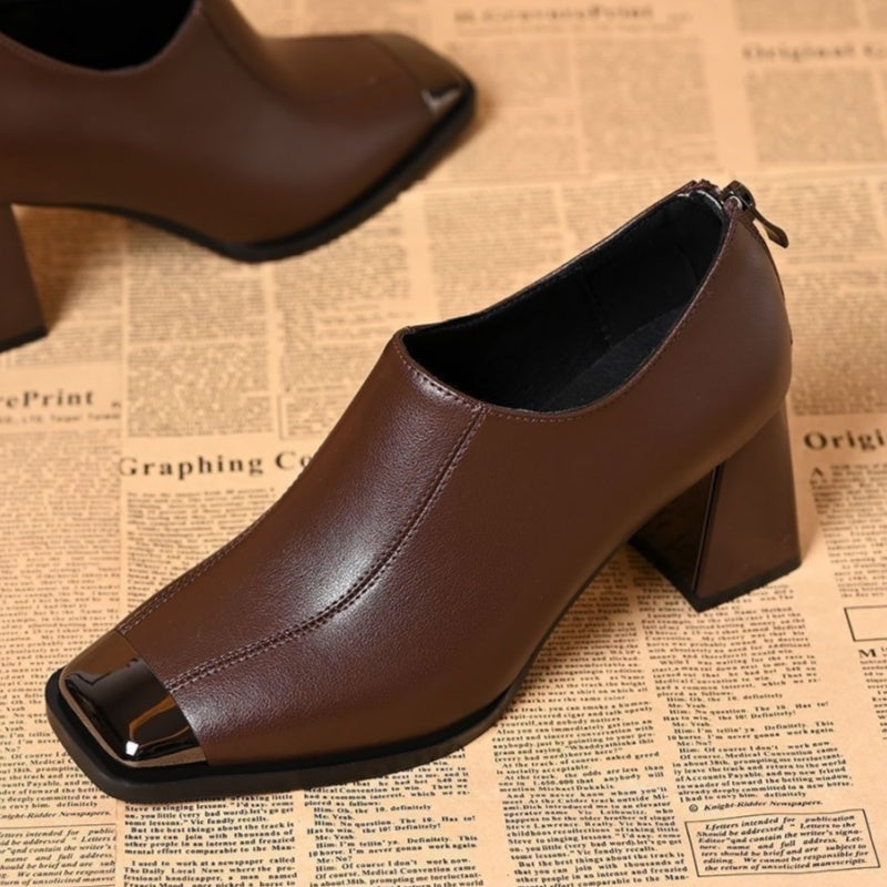 Chaussures pour femmes à bout carré, talon bloc et fermeture éclair
