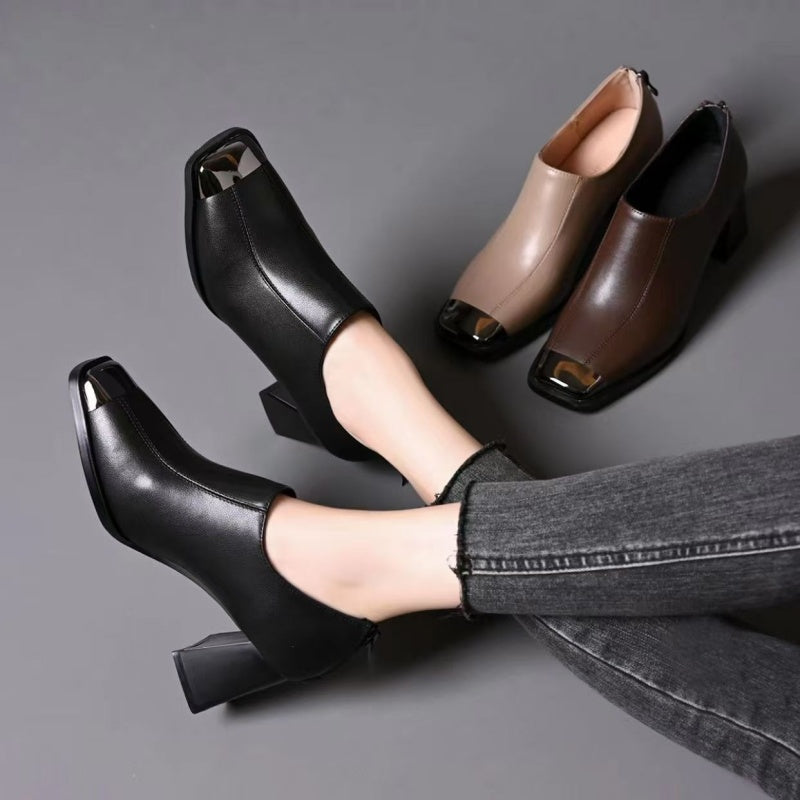 Chaussures pour femmes à bout carré, talon bloc et fermeture éclair