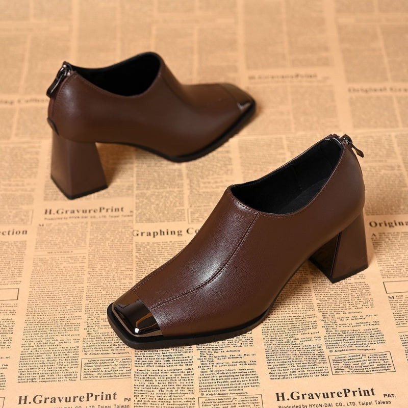 Chaussures pour femmes à bout carré, talon bloc et fermeture éclair