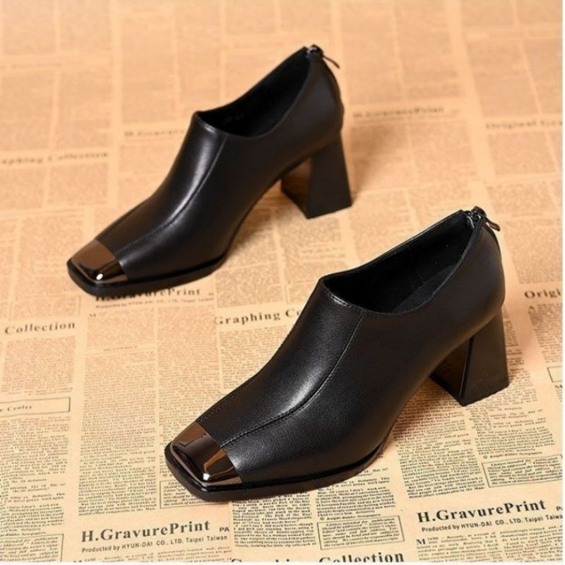 Chaussures pour femmes à bout carré, talon bloc et fermeture éclair