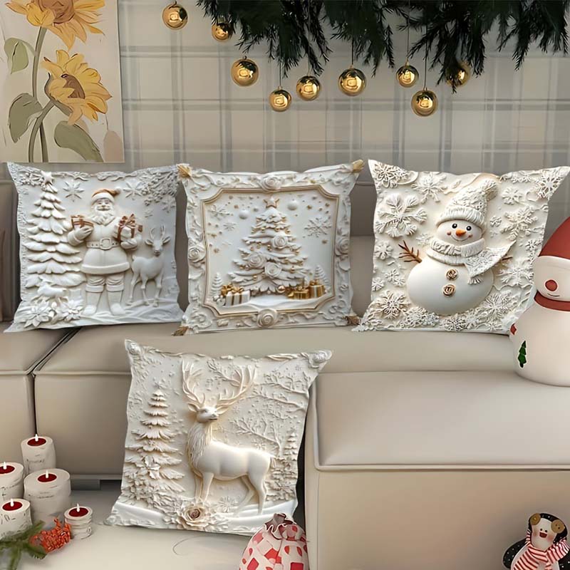 🎄 Nouvel ensemble de 4 taies d'oreiller de Noël – Motifs Père Noël, bonhomme de neige, sapin de Noël et rennes pour décorer votre salon 