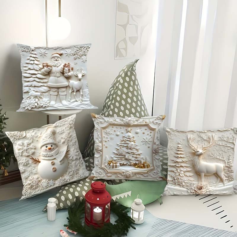 🎄 Nouvel ensemble de 4 taies d'oreiller de Noël – Motifs Père Noël, bonhomme de neige, sapin de Noël et rennes pour décorer votre salon 