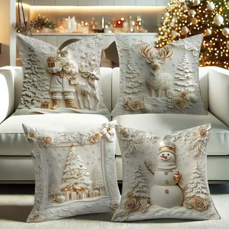 🎄 Nouvel ensemble de 4 taies d'oreiller de Noël – Motifs Père Noël, bonhomme de neige, sapin de Noël et rennes pour décorer votre salon 