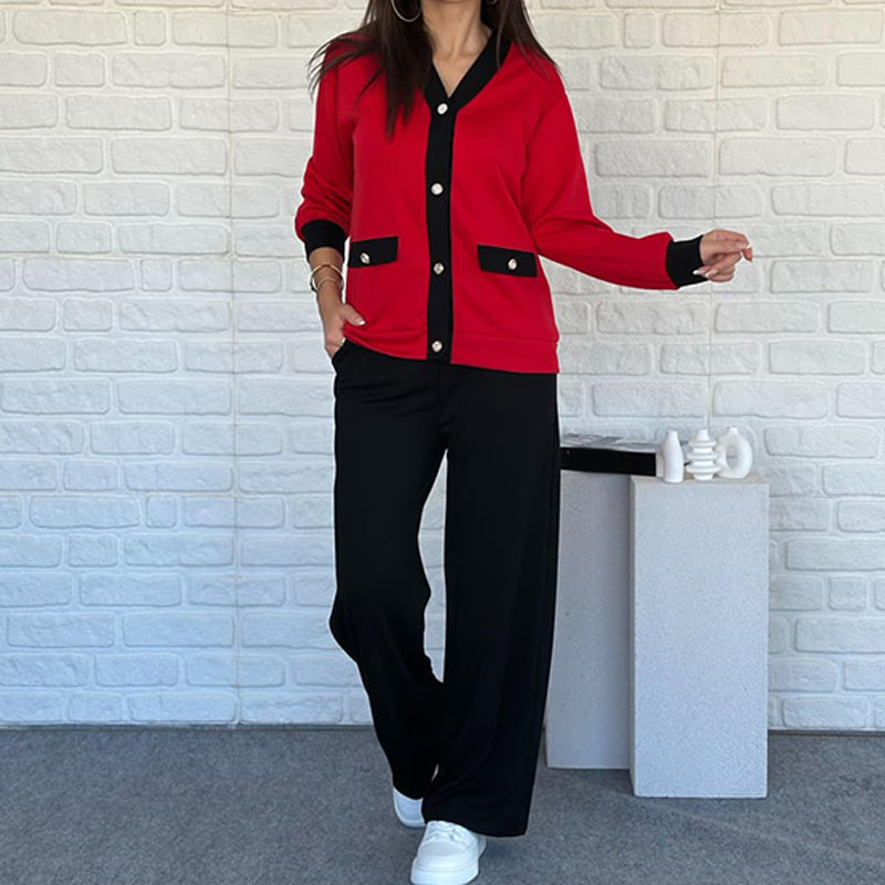 Ensemble deux pièces style français – cardigan color-block et pantalon à jambes larges 🎄 Soldes de Noël : Jusqu'à 50 % de réduction !