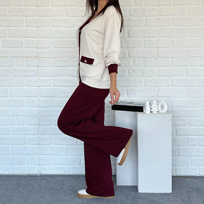 Zweiteiliges Set im französischen Stil – Farbblock-Strickjacke & Weite Hose 🎄 Weihnachtsaktion: Bis zu 50 % Rabatt!