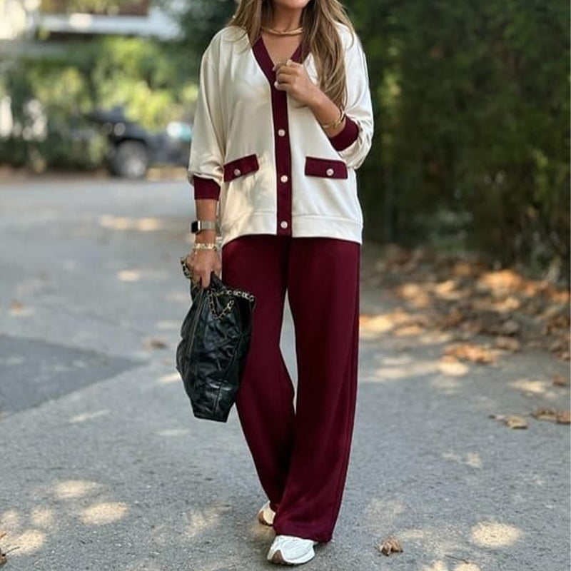 Ensemble deux pièces style français – cardigan color-block et pantalon à jambes larges 🎄 Soldes de Noël : Jusqu'à 50 % de réduction !