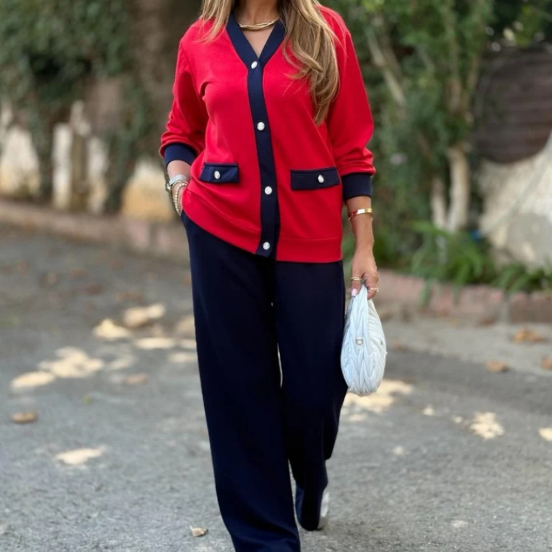 Zweiteiliges Set im französischen Stil – Farbblock-Strickjacke & Weite Hose 🎄 Weihnachtsaktion: Bis zu 50 % Rabatt!