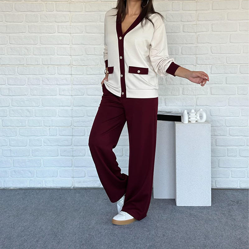Ensemble deux pièces style français – cardigan color-block et pantalon à jambes larges 🎄 Soldes de Noël : Jusqu'à 50 % de réduction !