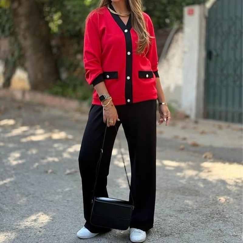 Zweiteiliges Set im französischen Stil – Farbblock-Strickjacke & Weite Hose 🎄 Weihnachtsaktion: Bis zu 50 % Rabatt!