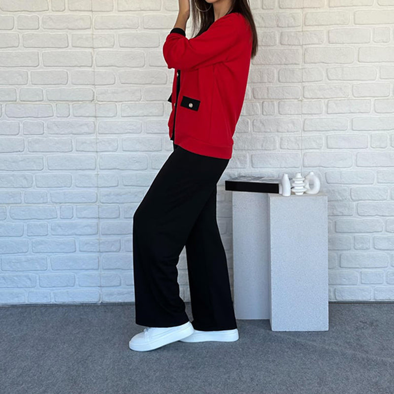 Zweiteiliges Set im französischen Stil – Farbblock-Strickjacke & Weite Hose 🎄 Weihnachtsaktion: Bis zu 50 % Rabatt!