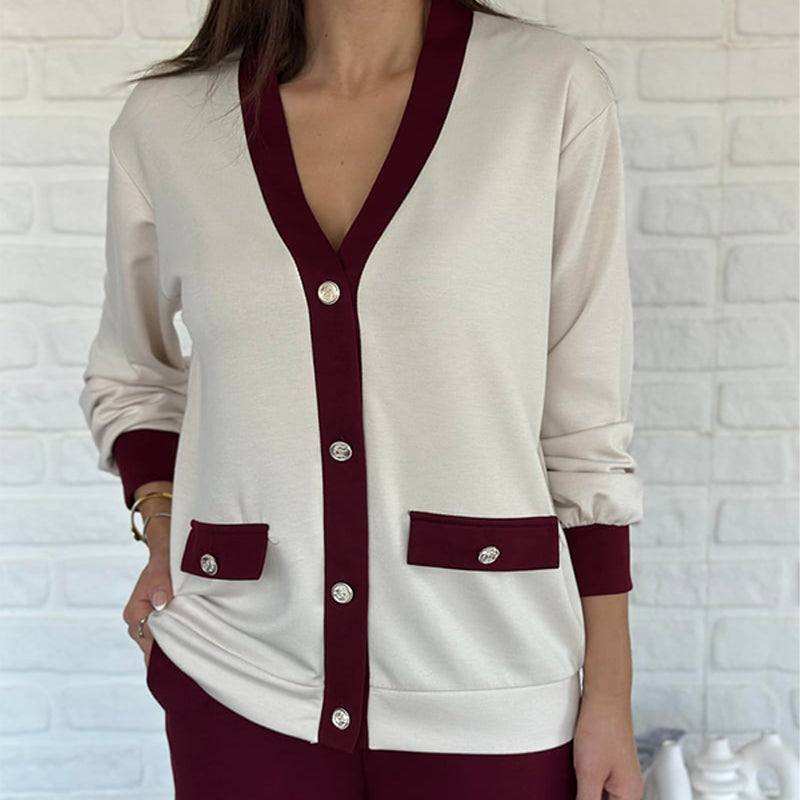 Ensemble deux pièces style français – cardigan color-block et pantalon à jambes larges 🎄 Soldes de Noël : Jusqu'à 50 % de réduction !
