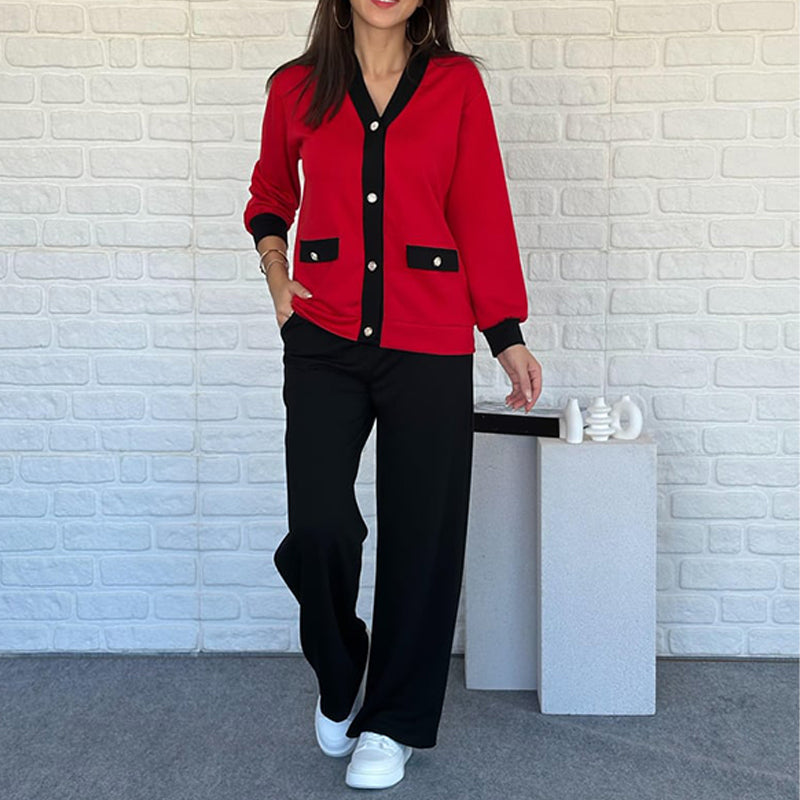 Ensemble deux pièces style français – cardigan color-block et pantalon à jambes larges 🎄 Soldes de Noël : Jusqu'à 50 % de réduction !