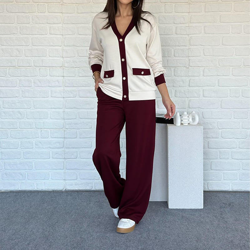 Zweiteiliges Set im französischen Stil – Farbblock-Strickjacke & Weite Hose 🎄 Weihnachtsaktion: Bis zu 50 % Rabatt!