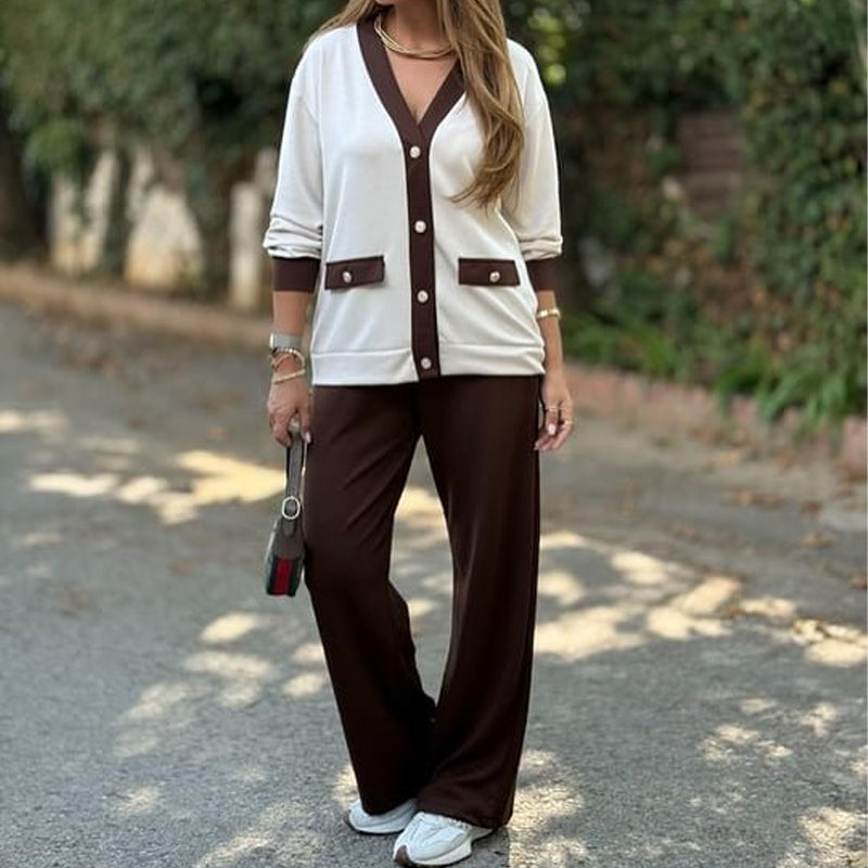 Zweiteiliges Set im französischen Stil – Farbblock-Strickjacke & Weite Hose 🎄 Weihnachtsaktion: Bis zu 50 % Rabatt!