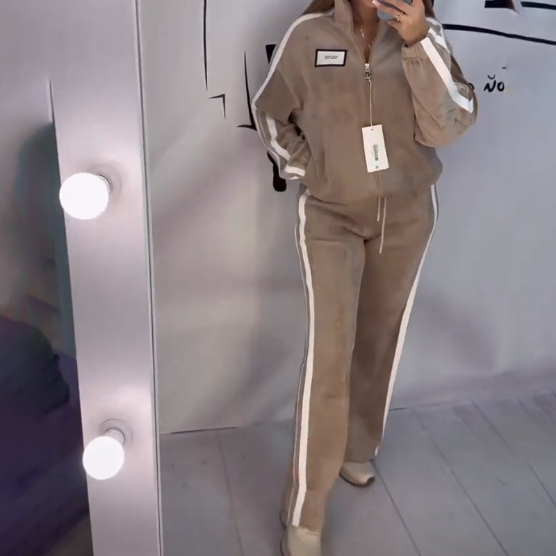 Ensemble deux pièces pour femme avec taille élastiquée contrastante, composé d'une veste et d'un pantalon