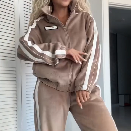 Damen-Zweiteiler mit farblich abgesetztem, elastischem Bund, bestehend aus Jacke und Hose