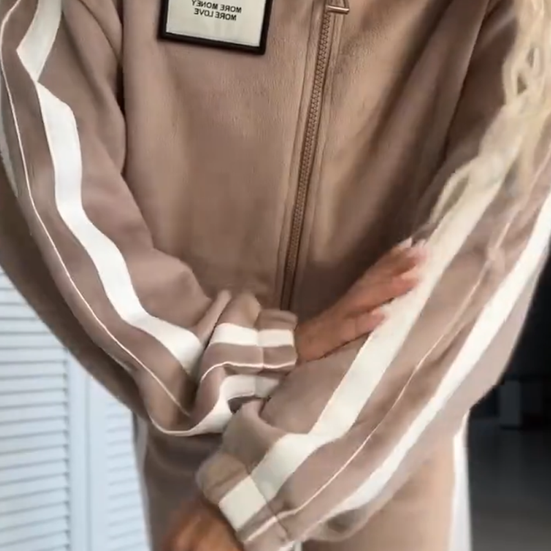 Ensemble deux pièces pour femme avec taille élastiquée contrastante, composé d'une veste et d'un pantalon