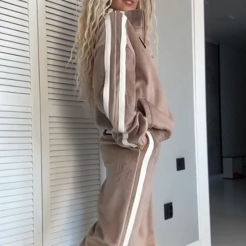 Ensemble deux pièces pour femme avec taille élastiquée contrastante, composé d'une veste et d'un pantalon