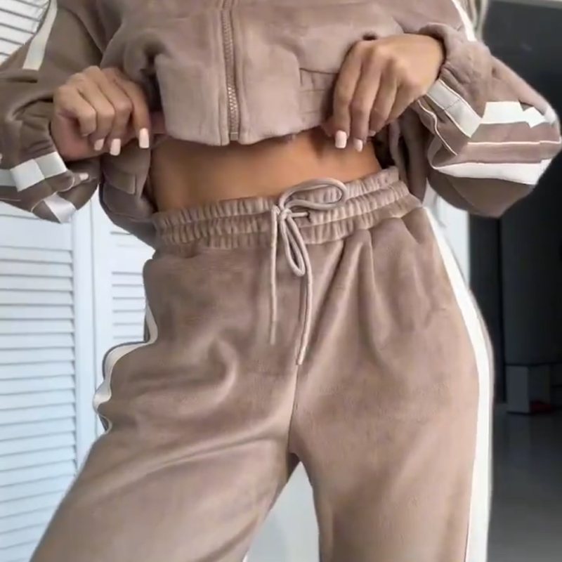 Ensemble deux pièces pour femme avec taille élastiquée contrastante, composé d'une veste et d'un pantalon