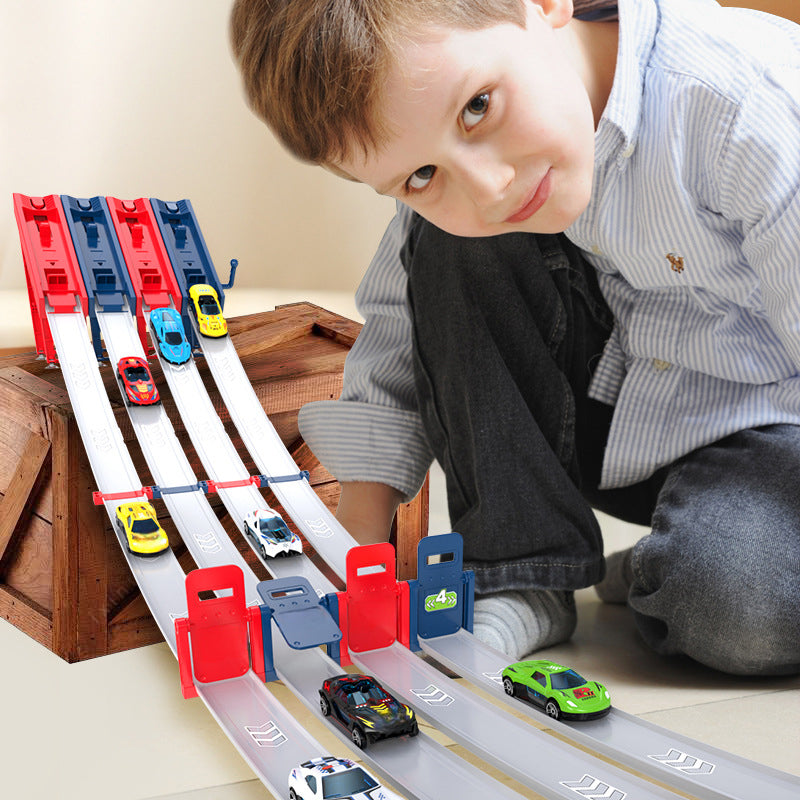 Circuit de course double pour petites voitures, idéal pour les enfants.