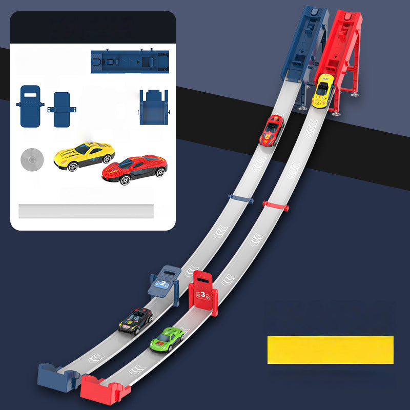 Circuit de course double pour petites voitures, idéal pour les enfants.
